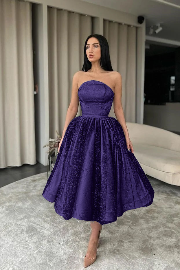 Elegant Strapless Black Tulle Tea Length A-Line Prom Dress