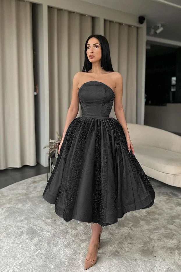 Elegant Strapless Black Tulle Tea Length A-Line Prom Dress