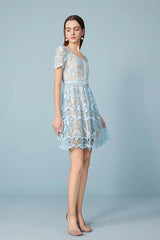 Babyonlines Blue Crew Neck Short Sleeves Lace Dress