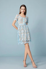 Babyonlines Blue Crew Neck Short Sleeves Lace Dress