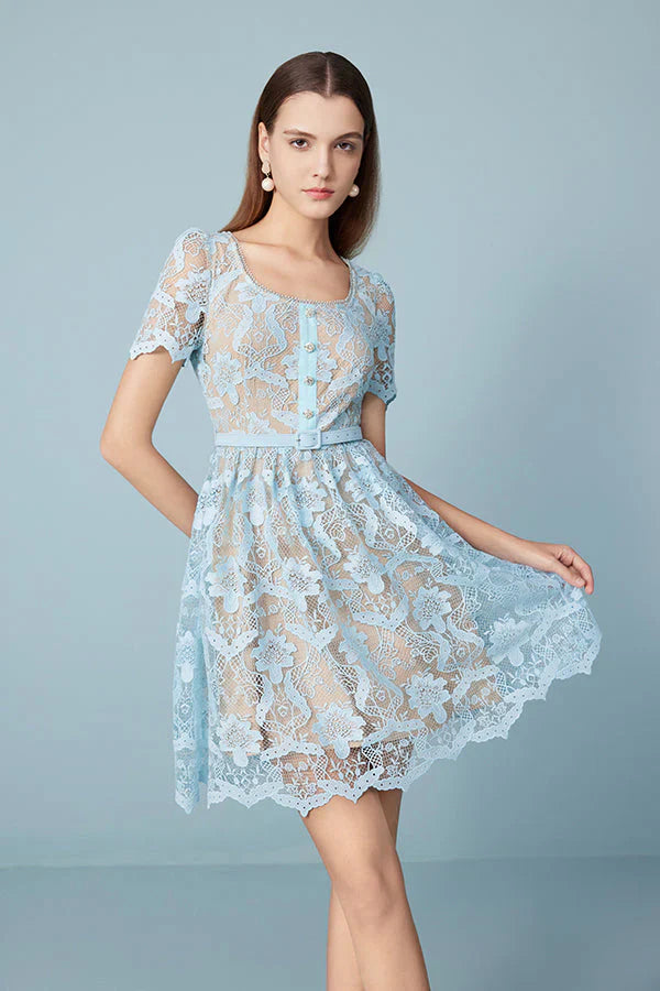 Babyonlines Blue Crew Neck Short Sleeves Lace Dress
