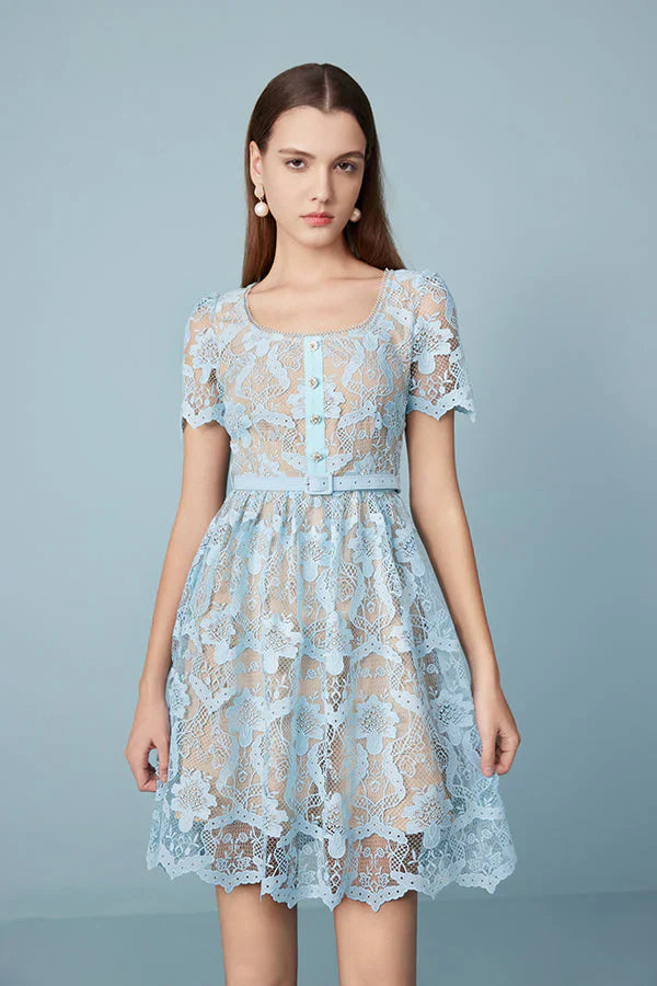 Babyonlines Blue Crew Neck Short Sleeves Lace Dress
