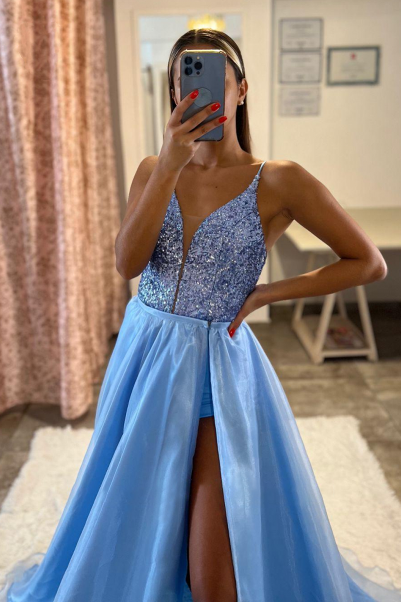 Blue Spaghetti Strap V Neck Long Prom Dress with Split