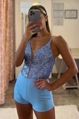 Blue Spaghetti Strap V Neck Long Prom Dress with Split