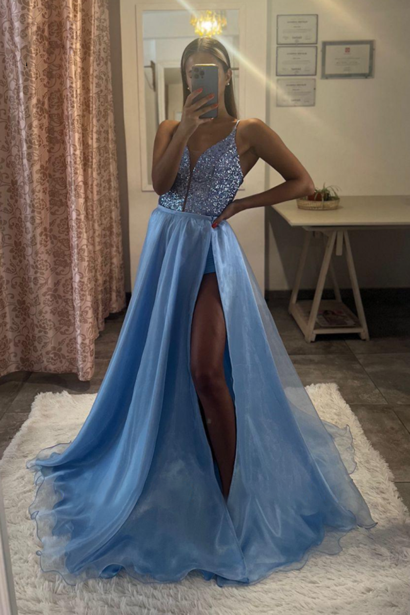 Blue Spaghetti Strap V Neck Long Prom Dress with Split
