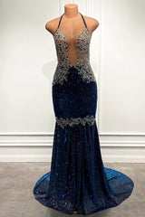 Blue Sequined Spaghetti-Straps Mermaid Long Prom Dress