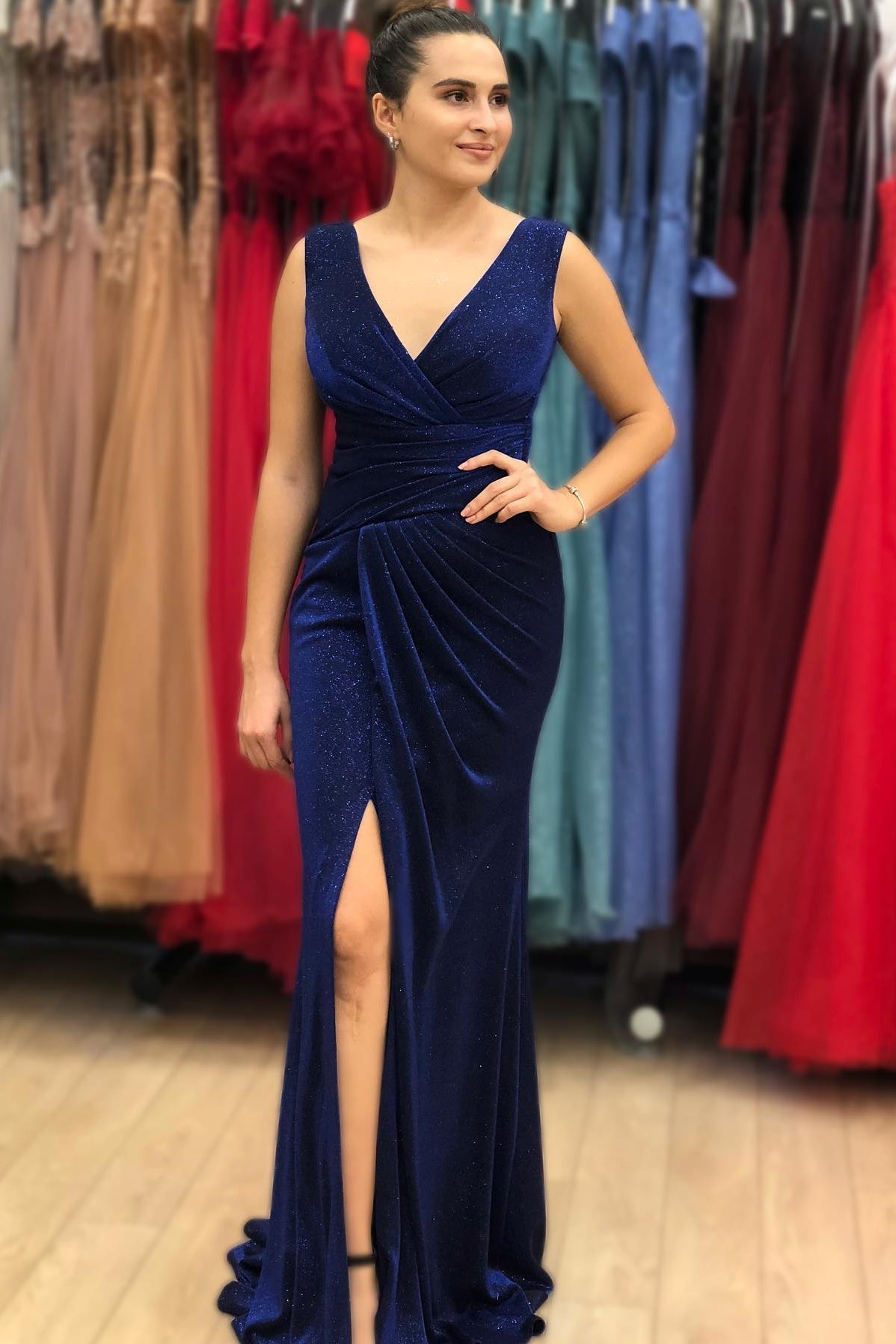 Blue V Neck Mermaid Long Prom Dress with Sequins and Split