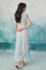 Babyonlines Blue Short Sleeves V-neck A-line Dresses with Sash