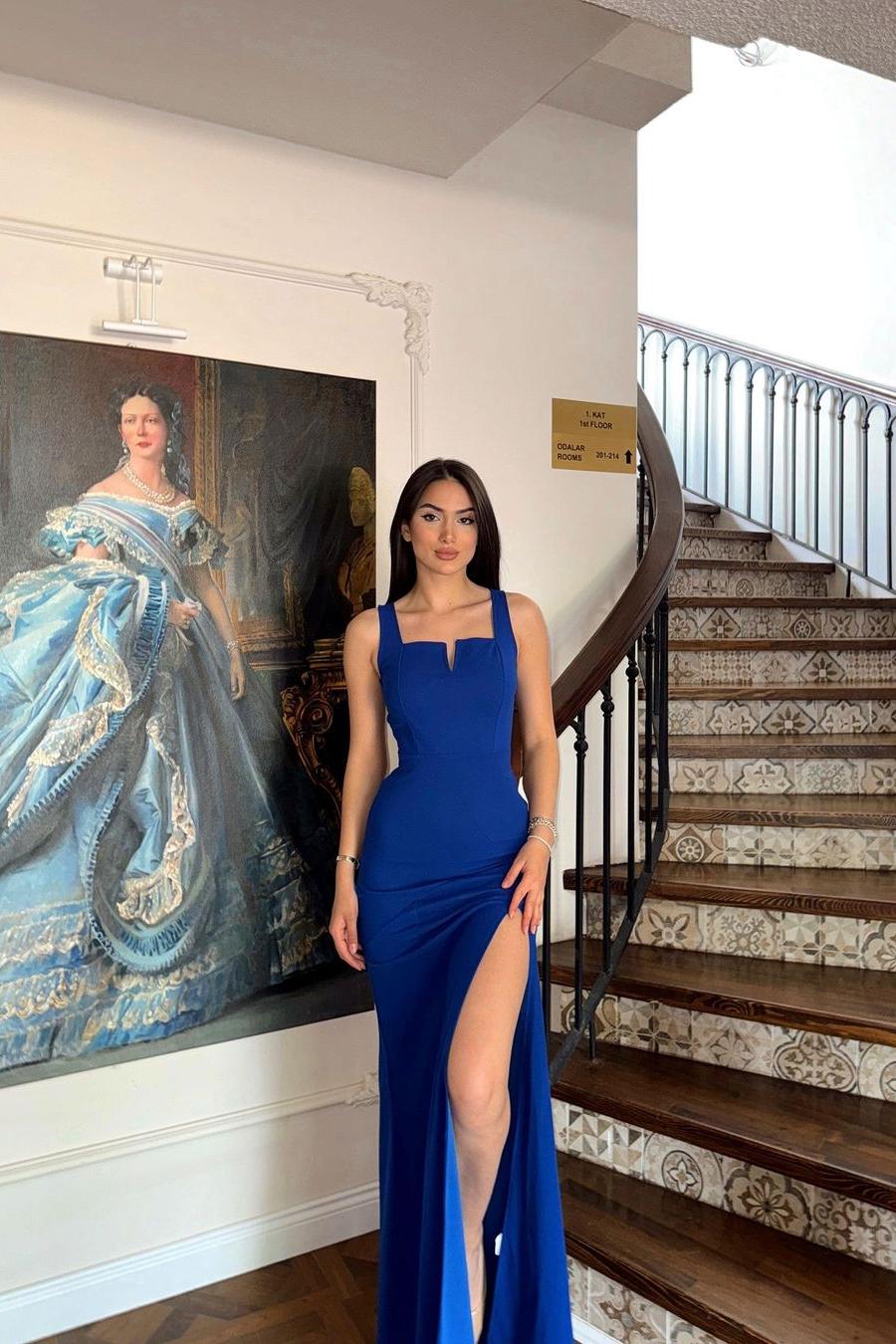 Blue Spaghetti Strap Long Prom Dress with Side Split and Pleated
