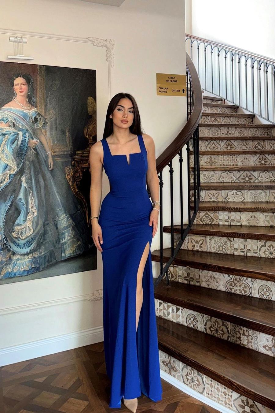 Blue Spaghetti Strap Long Prom Dress with Side Split and Pleated