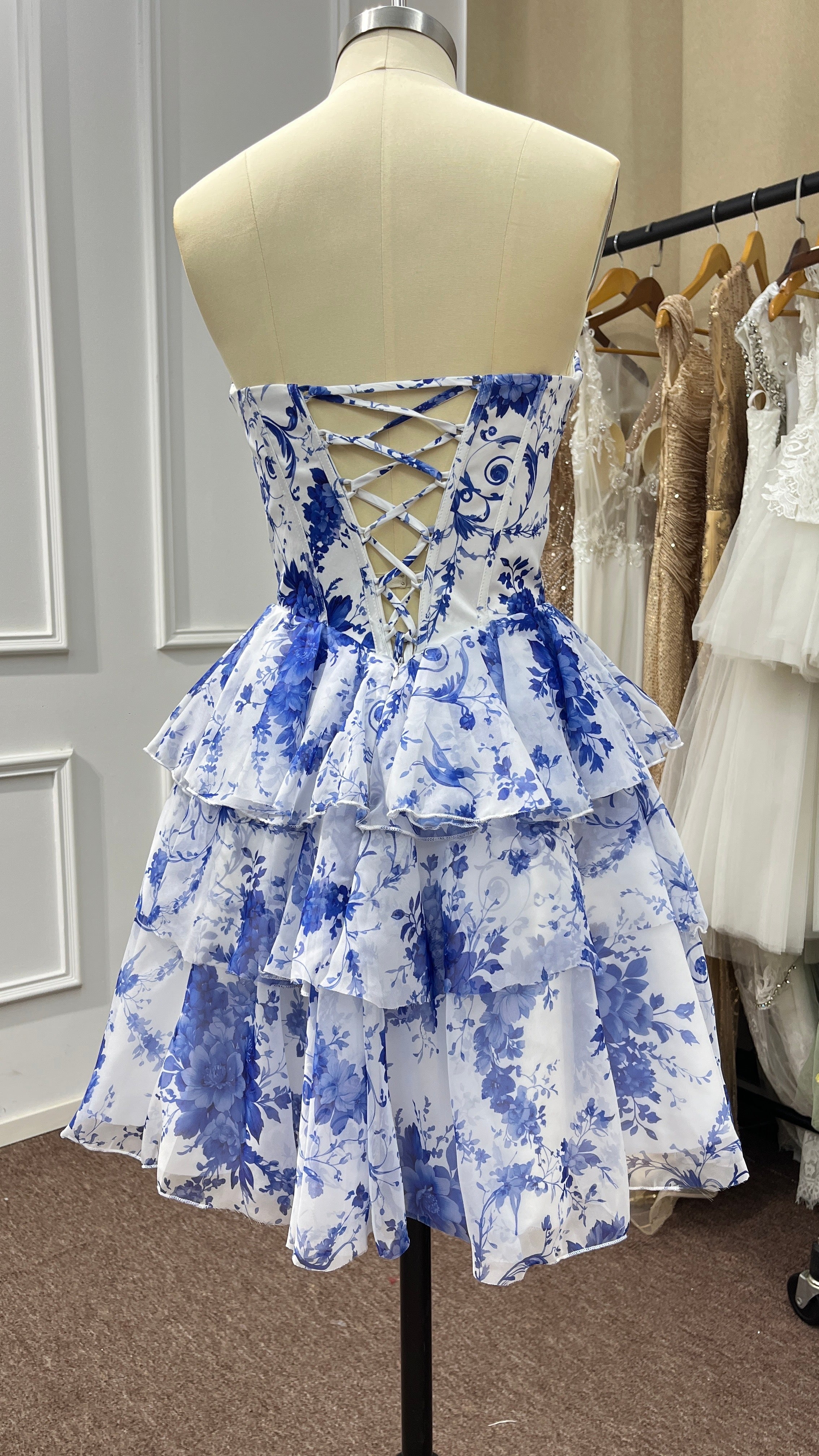 Babyonlines Blue Strapless Corset Short Floral Homecoming Dresses