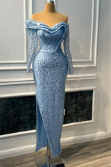 Blue Sweetheart Long Sleeve Mermaid Prom Dress with Beading and Split