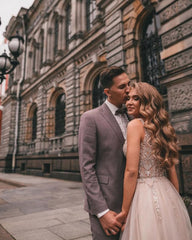 Boho Long A-Line V-Neck Tulle Lace Wedding Dress with Slit and Appliques