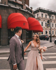 Boho Long A-Line V-Neck Tulle Lace Wedding Dress with Slit and Appliques