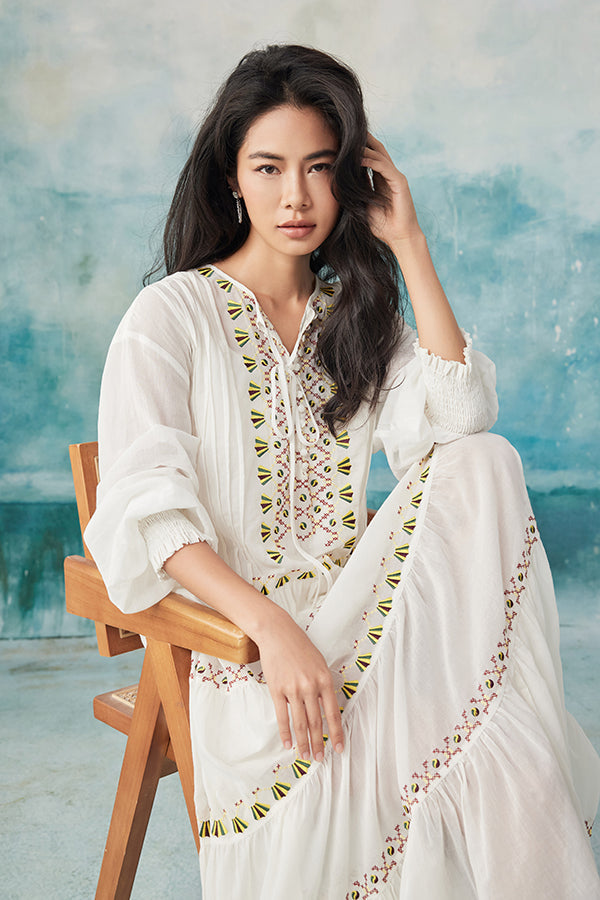 Babyonlines Boho White Long Sleeves A-line Long Dress