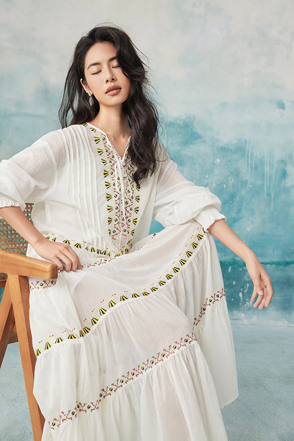 Babyonlines Boho White Long Sleeves A-line Long Dress