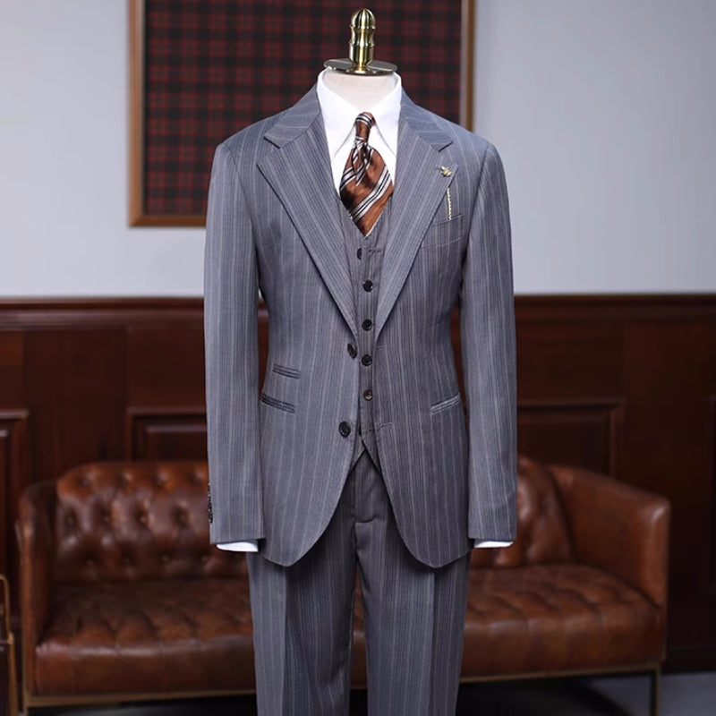 Brian Formal Gray Striped Notched Lapel Three Pieces Business Suits