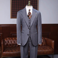 Brian Formal Gray Striped Notched Lapel Three Pieces Business Suits