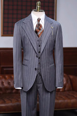 Brian Formal Gray Striped Notched Lapel Three Pieces Business Suits