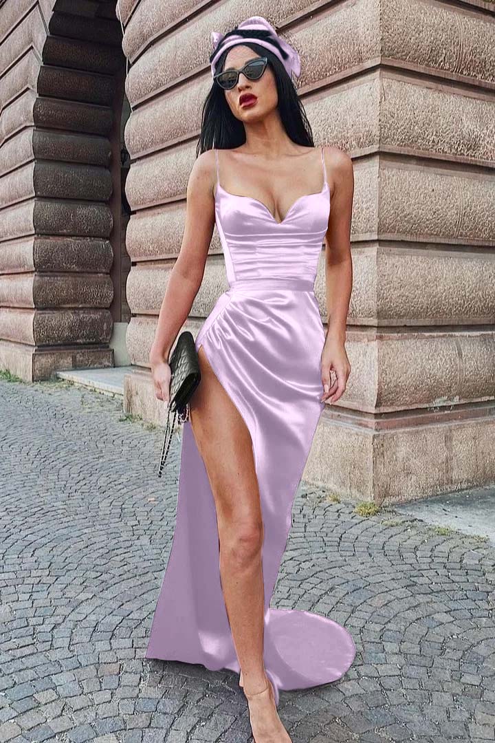 Burgundy Spaghetti Strap Long Prom Dress with Split