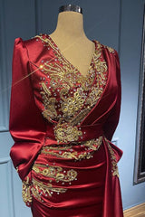 Burgundy Long Sleeve Mermaid Long Prom Dress with Beading and Appliques