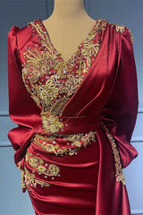 Burgundy Long Sleeve Mermaid Long Prom Dress with Beading and Appliques