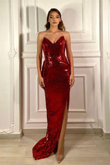 Burgundy V Neck Mermaid Long Prom Dress with Sequins