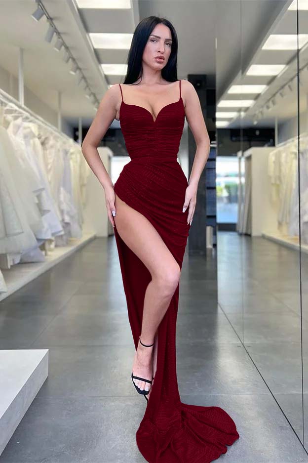 Burgundy Spaghetti Strap Mermaid Long Prom Dress with Sequins and Split