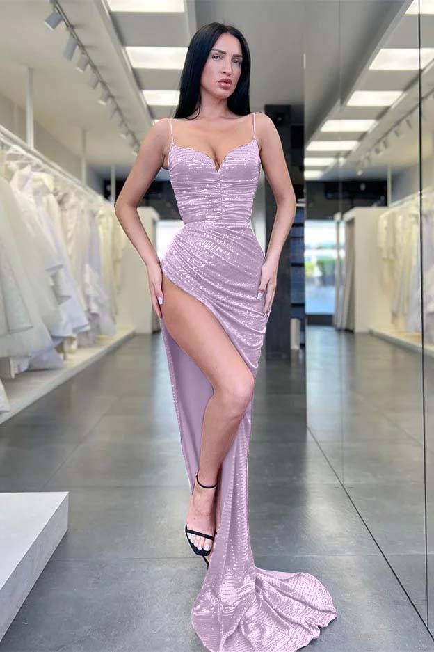 Burgundy Spaghetti Strap Mermaid Long Prom Dress with Sequins and Split