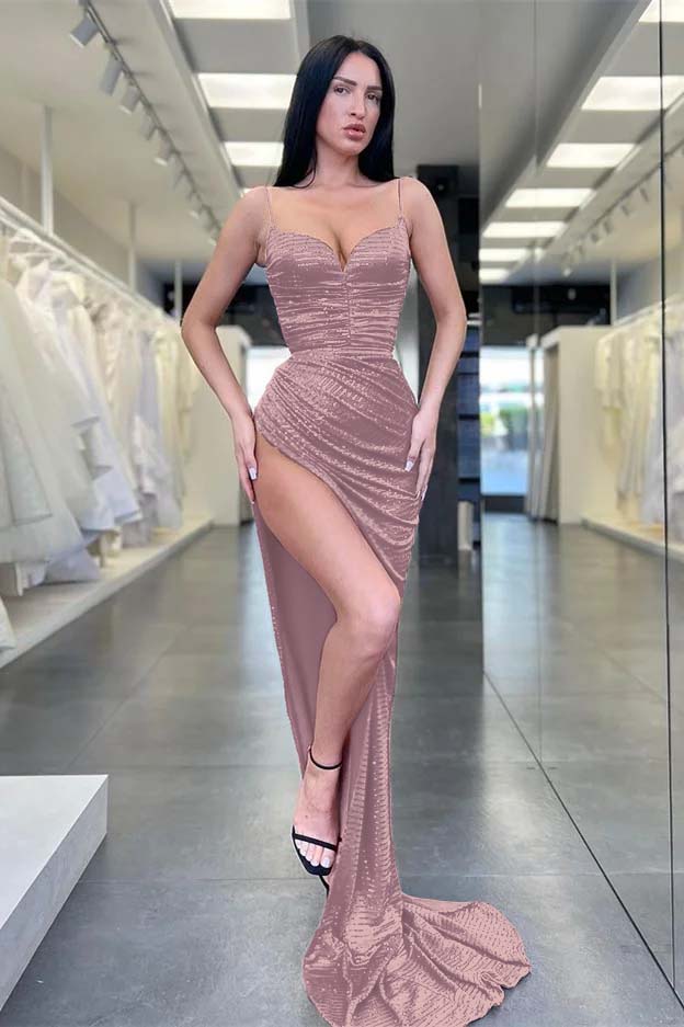 Burgundy Spaghetti Strap Mermaid Long Prom Dress with Sequins and Split