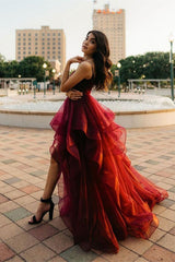 Burgundy Spaghetti-Straps Prom Dress with Ruffles