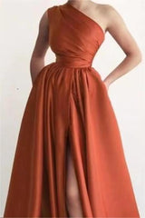 Elegant One Shoulder A-Line Prom Dress with Split and Pockets