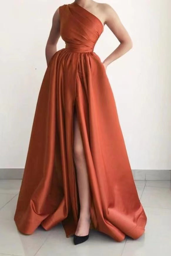 Elegant One Shoulder A-Line Prom Dress with Split and Pockets