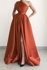 Elegant One Shoulder A-Line Prom Dress with Split and Pockets