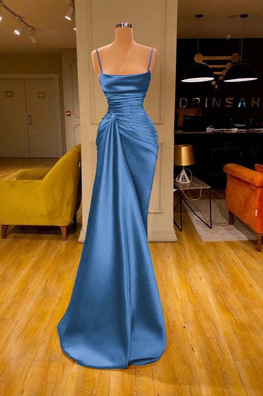 Spaghetti Strap Mermaid Long Prom Dress with Ruffles and Pleats