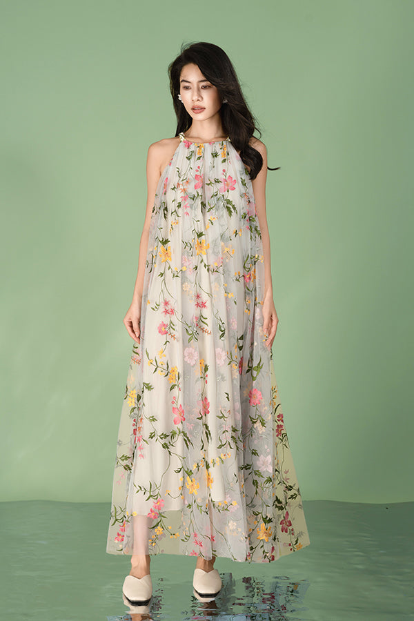 Babyonlines Casual Floral Halter Sleeveless Long A-line Dresses