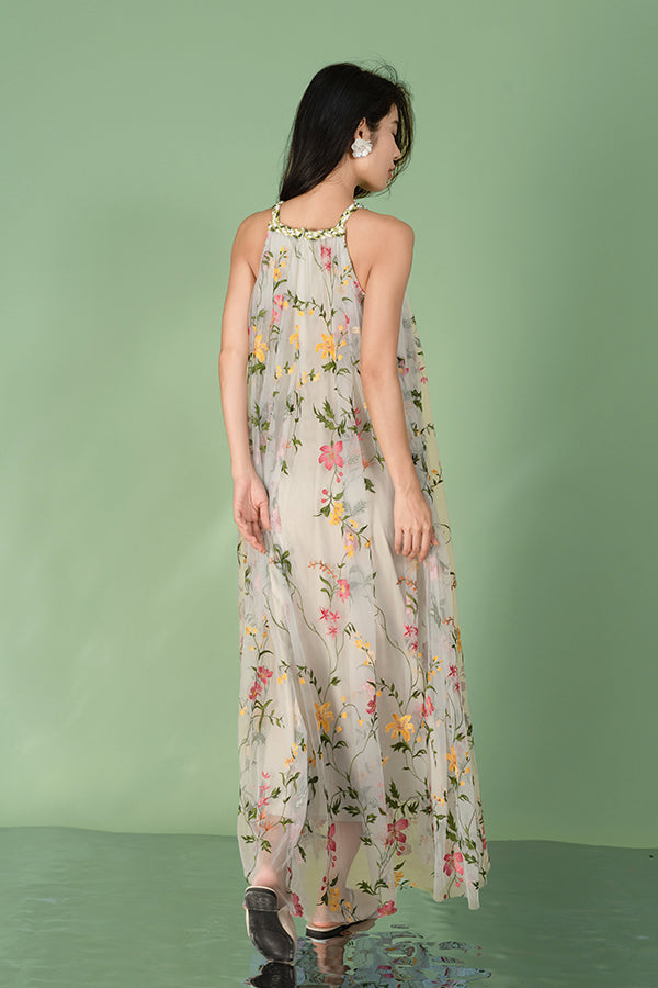Babyonlines Casual Floral Halter Sleeveless Long A-line Dresses