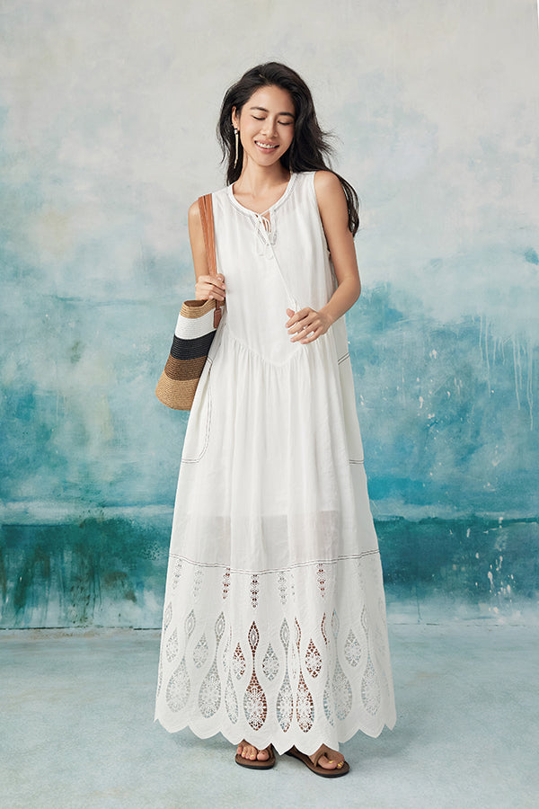Babyonlines Casual White Crew Neck Sleeveless A-line Dress