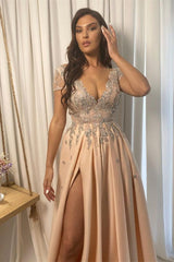 Champagne V Neck Long Prom Dress with Split and Appliques