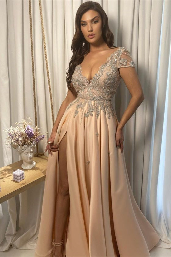 Champagne V Neck Long Prom Dress with Split and Appliques