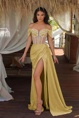 Off the Shoulder Mermaid Prom Dress with Beading Split Ruffles