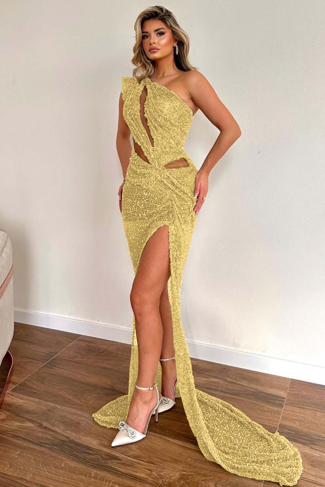 Champagne One Shoulder Prom Dress with Sequins and High Split