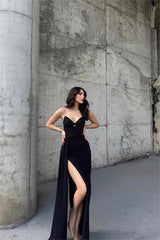 Charming Black Strapless High Waist Prom Dress with Split and Pleated