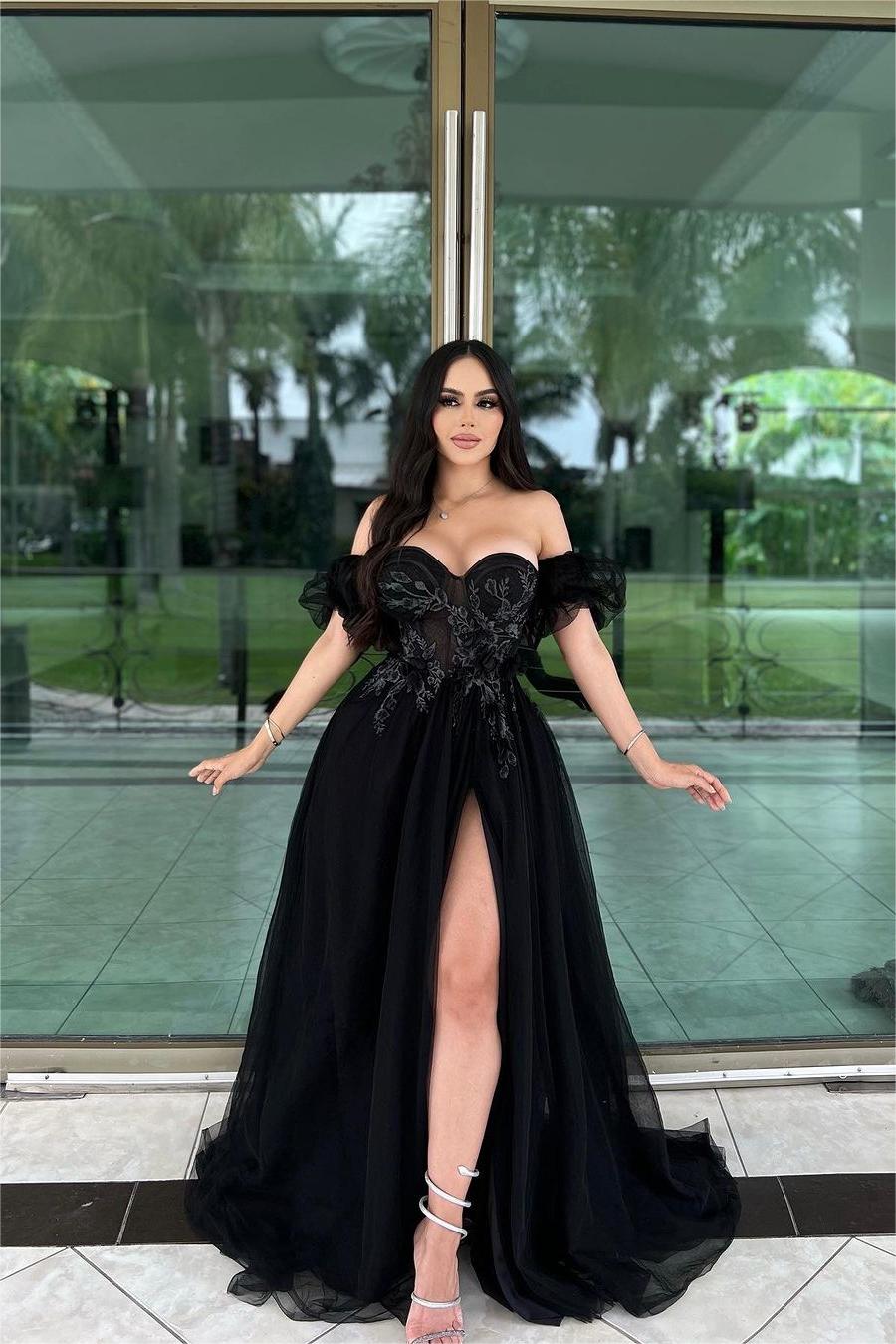 Black Tulle Off the Shoulder Long Prom Dress with Split Embroidery