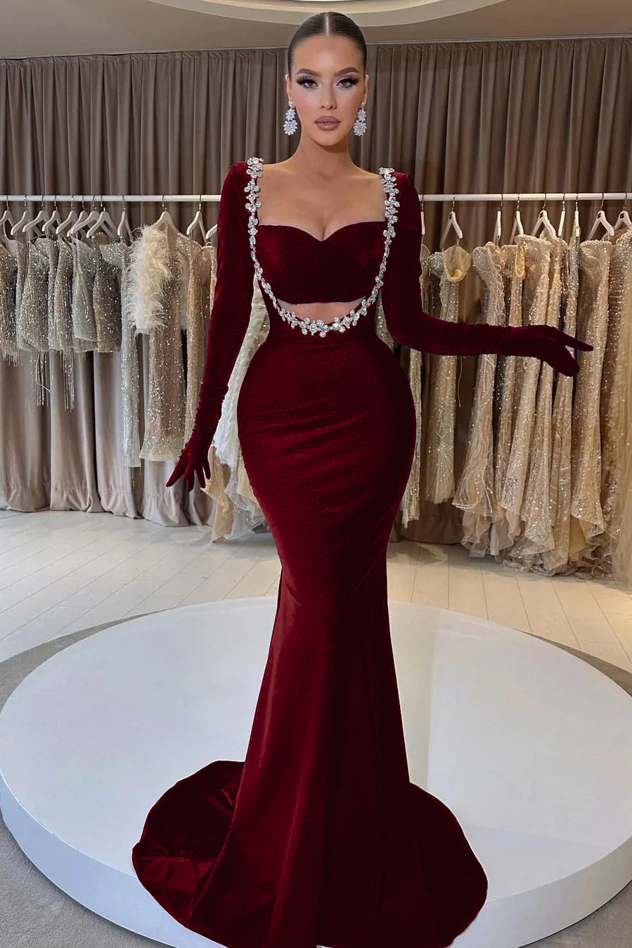 Black Velvet Long Sleeve Mermaid Long Prom Dress with Beading Gloves