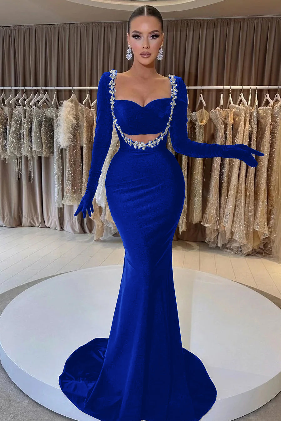 Black Velvet Long Sleeve Mermaid Long Prom Dress with Beading Gloves