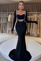 Black Velvet Long Sleeve Mermaid Long Prom Dress with Beading Gloves