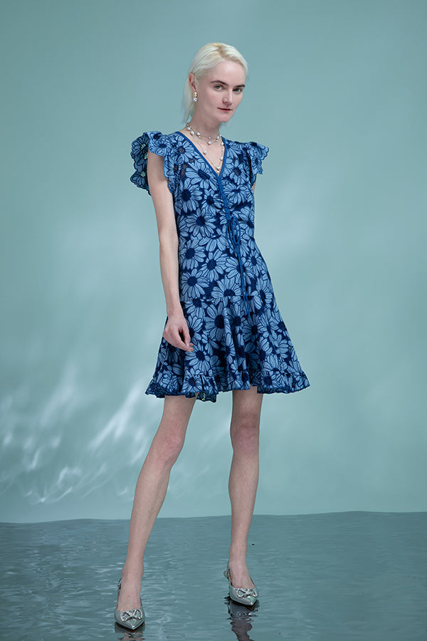 Babyonlines Charming Blue Cap Sleeves Floral A-line Dresses