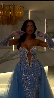 Blue Strapless Mermaid Long Prom Dress with Beading