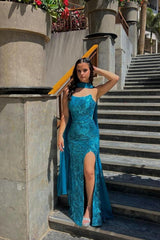 Charming Blue Strapless Long Prom Dress with Front Split and Pleated